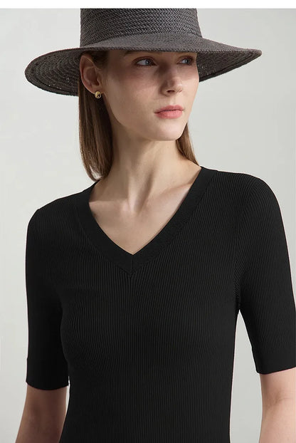 Damen V-Ausschnitt Pullover Viskose Halbarm Slim Büro Sommer