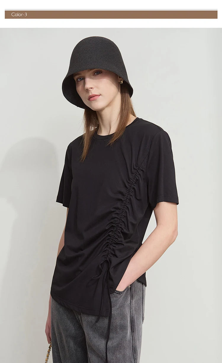 Damen Sommer T-Shirt mit Rundhals und Kordelzug in lässiger Form