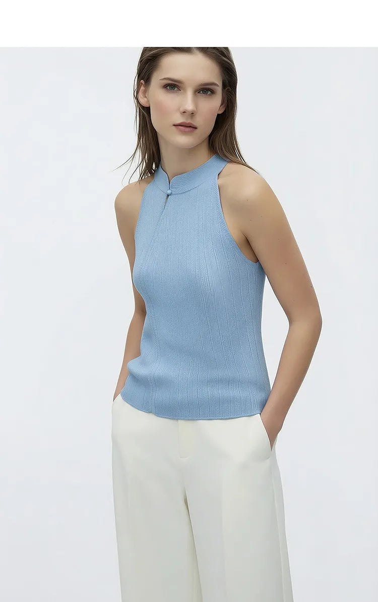 Amii Damen-Stricktop, hellblau, ärmellos mit Stehkragen, schmale Passform