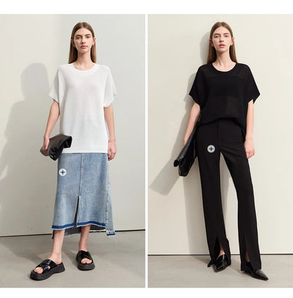 Damen-Rundhalspullover Wolle Aushöhlung locker Streetwear Sommer
