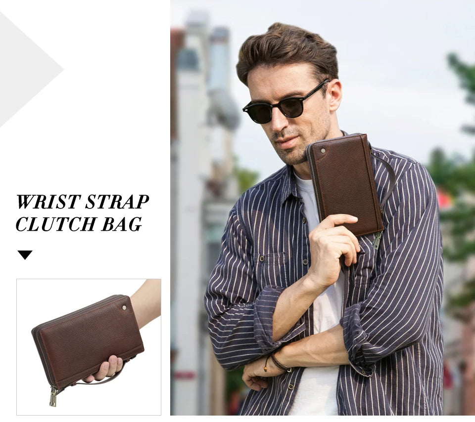 Braune Leder-Clutch-Geldbörse mit Handgelenkriemen und Reißverschlussfach