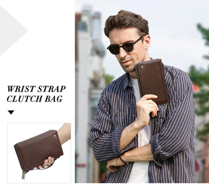 Braune Leder-Clutch-Geldbörse mit Handgelenkriemen und Reißverschlussfach