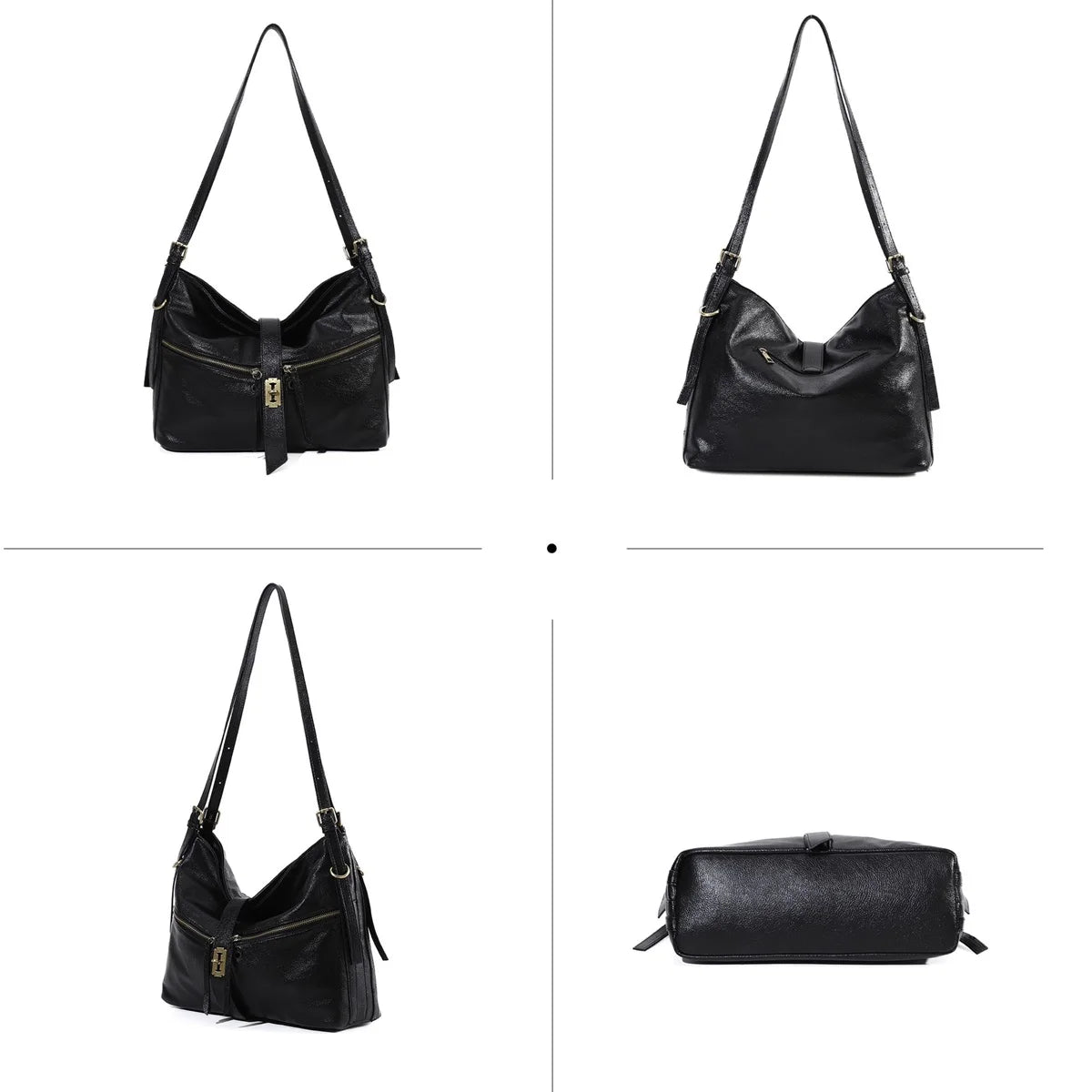 Damen-Schultertasche aus Vintage Öl-Wachs-Leder mit großem Stauraum und Mehrfach-Reißverschlussfächern