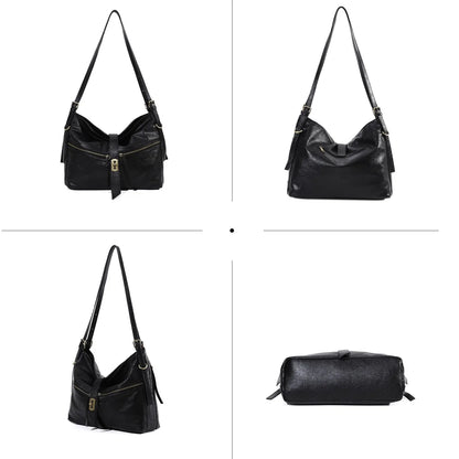 Damen-Schultertasche aus Vintage Öl-Wachs-Leder mit großem Stauraum und Mehrfach-Reißverschlussfächern
