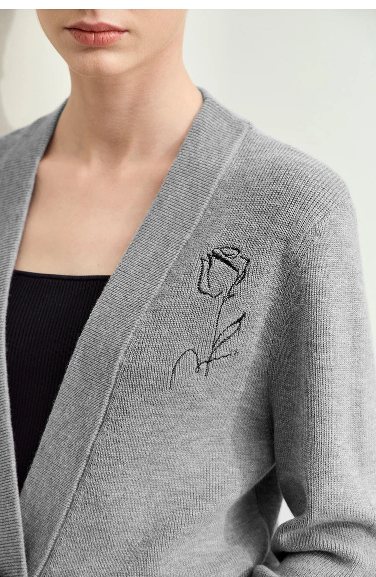 Damen-Strickjacke V-Ausschnitt Stickerei locker Langarm Herbst
