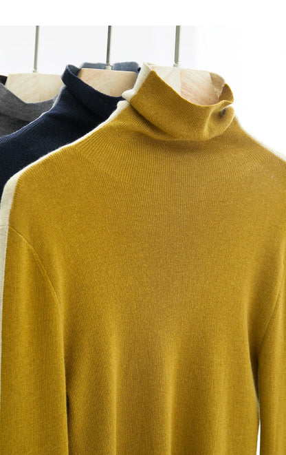 Damen-Rollkragenpullover Wolle-Mix Patchwork schlank Winter