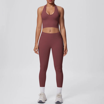 Yoga-Set für Frauen, Sport-BH und Leggings, burgunderrot, blickdicht, mit Kontrastbund.
