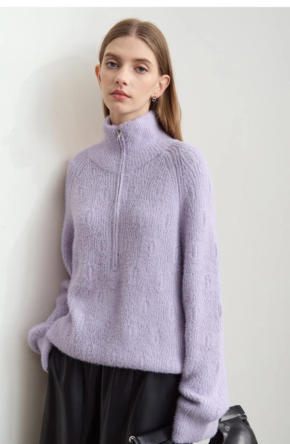 Damen-Rollkragenpullover Reißverschluss Nerz-Optik locker Winter