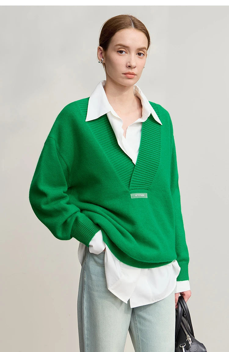 Damen-Strickpullover mit V-Ausschnitt, lockere Passform, grün
