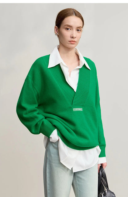Damen-Strickpullover mit V-Ausschnitt, lockere Passform, grün
