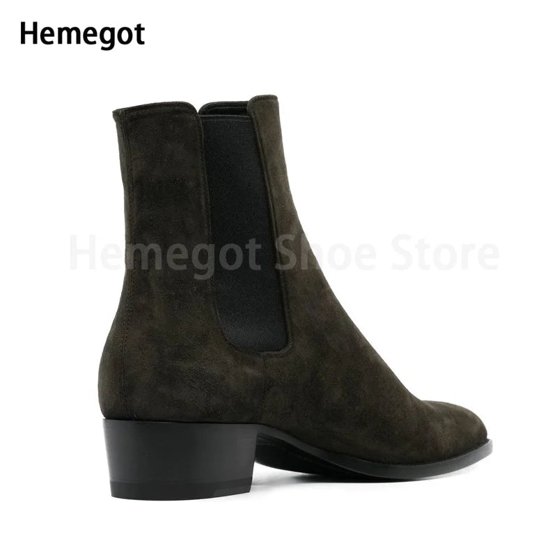 Chelsea-Boots aus Leder dunkelgrün mit elastischem Einsatz, Blockabsatz