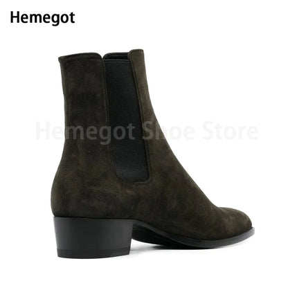 Chelsea-Boots aus Leder dunkelgrün mit elastischem Einsatz, Blockabsatz