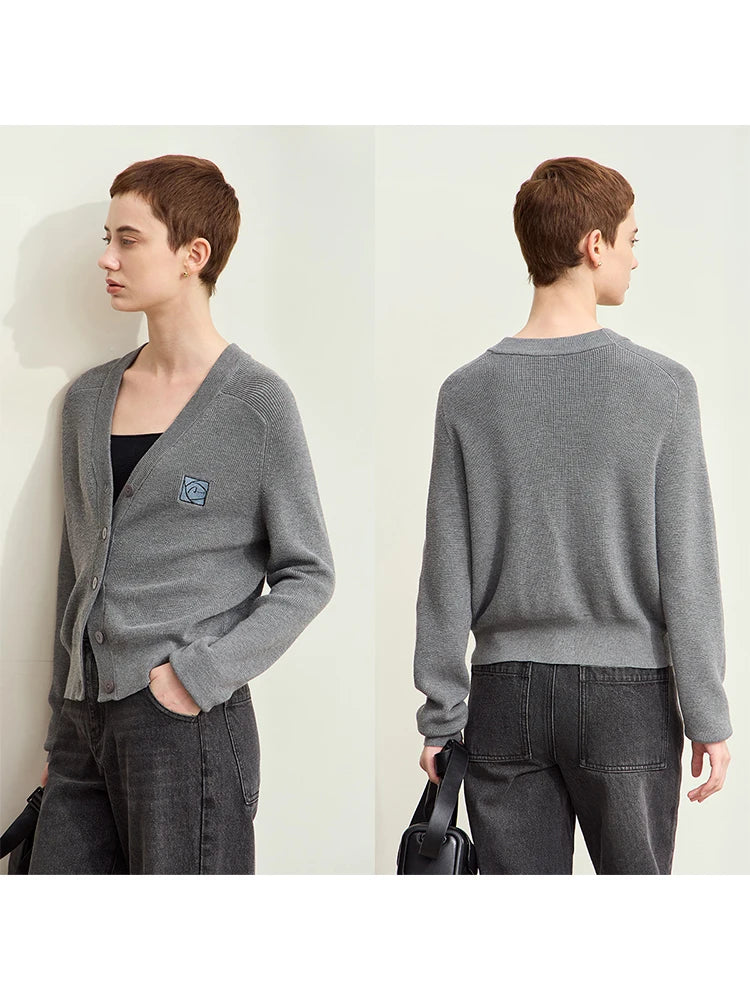 Damen-Strickjacke Wolle V-Ausschnitt Patchwork Stickerei kurz Französisch Herbst