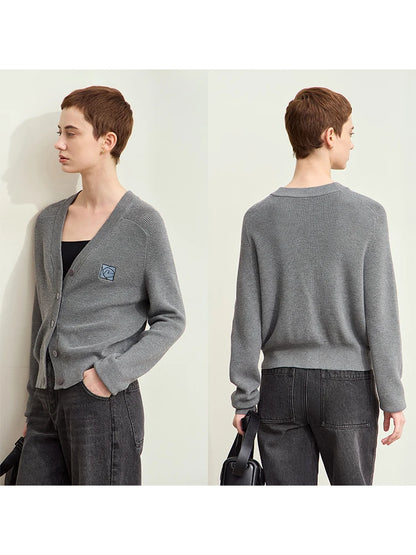 Damen-Strickjacke Wolle V-Ausschnitt Patchwork Stickerei kurz Französisch Herbst