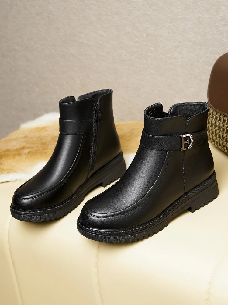 Damen Schneestiefel aus echtem Leder mit rutschfester Sohle und Wolle