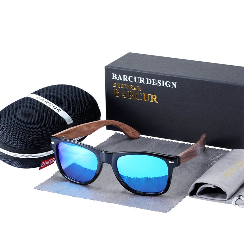 Sonnenbrille Holz Walnuss schwarz polarisiert UV400 Original-Etui Herren