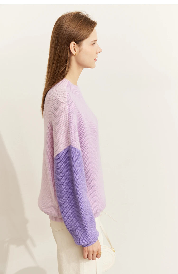 AMII Pullover Damen, Rundhals, pastellrosa Vorderseite, violette Ärmelpartie, Strick