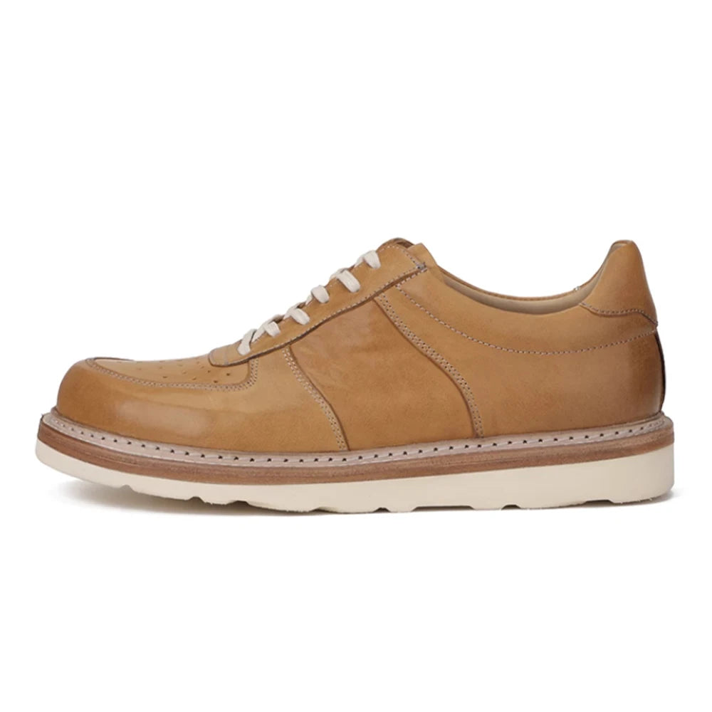 Round Toe Thick Soled Board Shoes Retro Genuine Leather Wear-Resistant Breathable Solid Color Casual Shoes Handmade Men's Shoes