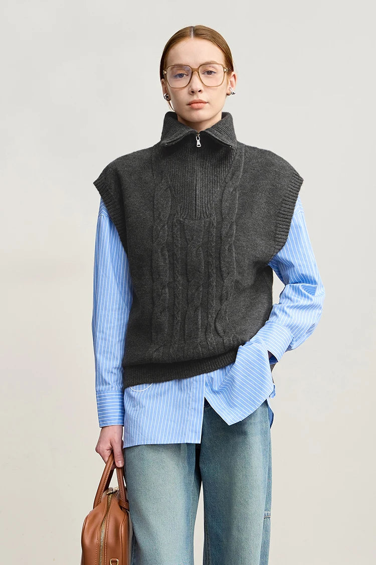 Dunkelgraue Strickweste für Damen mit Stehkragen und Reißverschluss, ärmellos