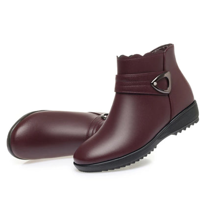 Damen Schneestiefel aus echtem Leder mit rutschfestem flachem Boden