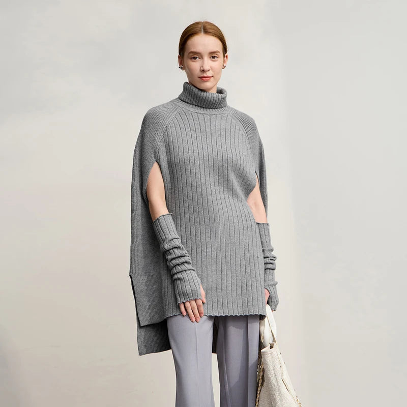 Damen-Rollkragenpullover Cape lang Raglan Streetwear Winter