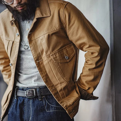 Herren Jeansjacke Vintage schwere Canvas Rancherjacken mit Kragen und Taschen