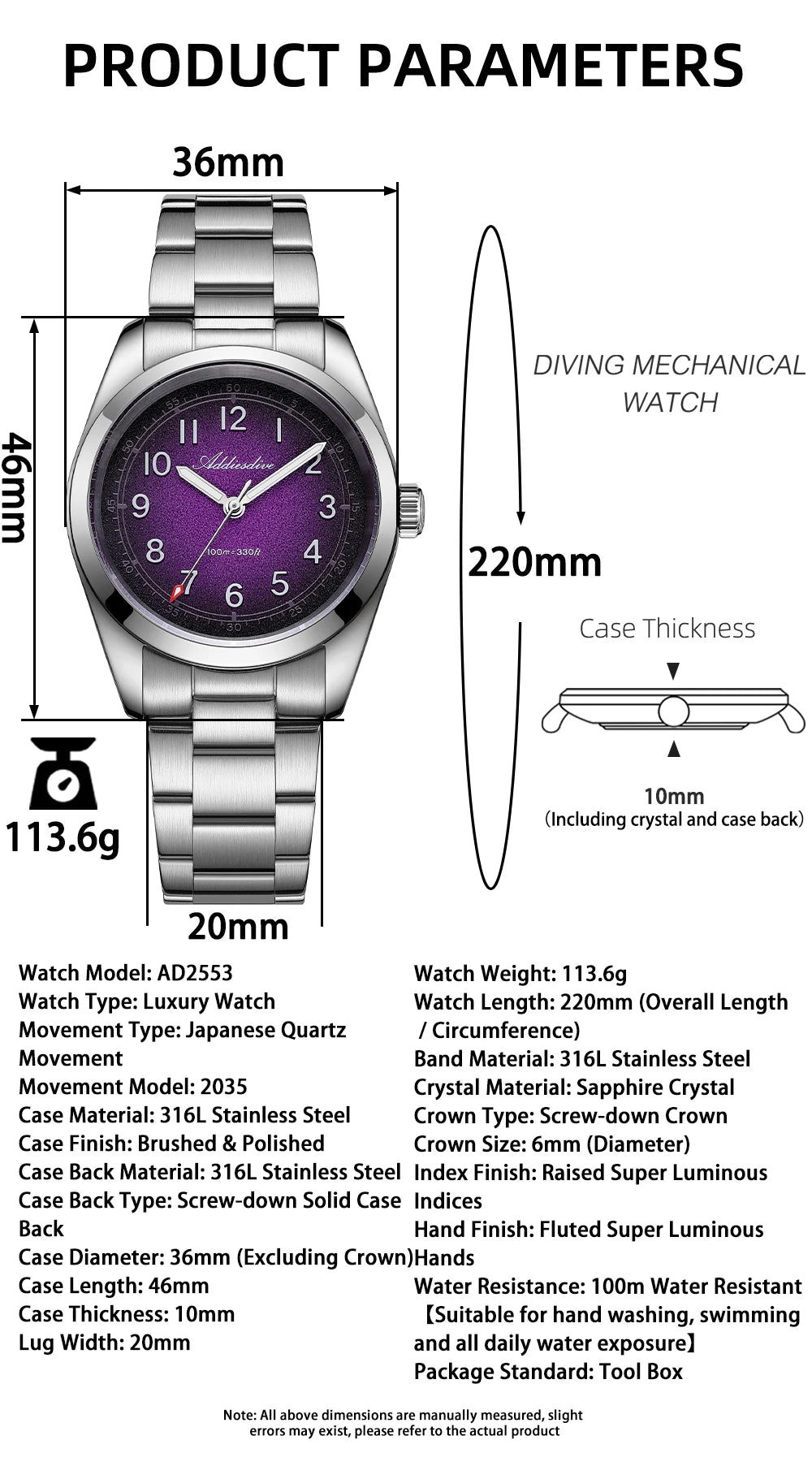 Herren-Quarzuhr 36 mm mit Saphirglas und BGW9-Leuchtmasse