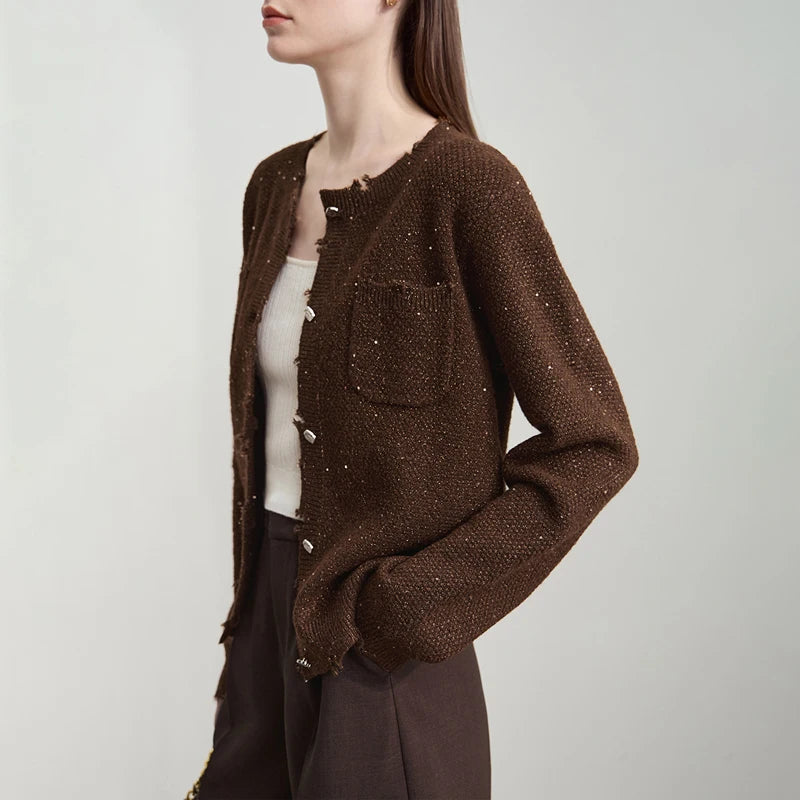 Damen-Strickjacke Rundhals englischer Stil einfarbig elegant Herbst