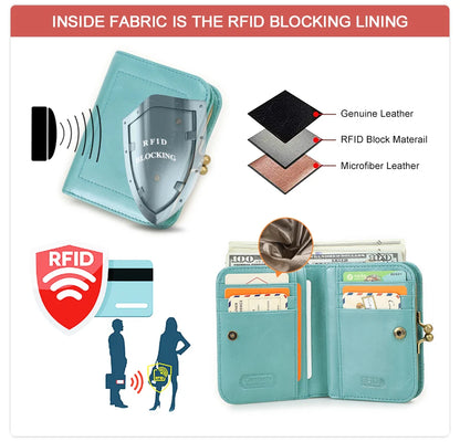 Damen Echtleder Geldbörse Vintage Metallrahmen RFID 6 Kartenfächer Münzfach Reise