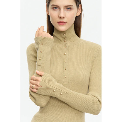 Damen-Strickjacke Rollkragen Knopfleiste Slim halboffene Front Herbst