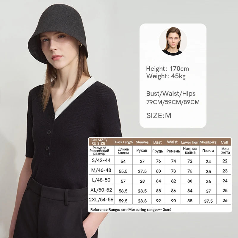 AMII Damen-Strickpullover, schwarzer V-Ausschnitt, halbe Ärmel, Knopfleiste