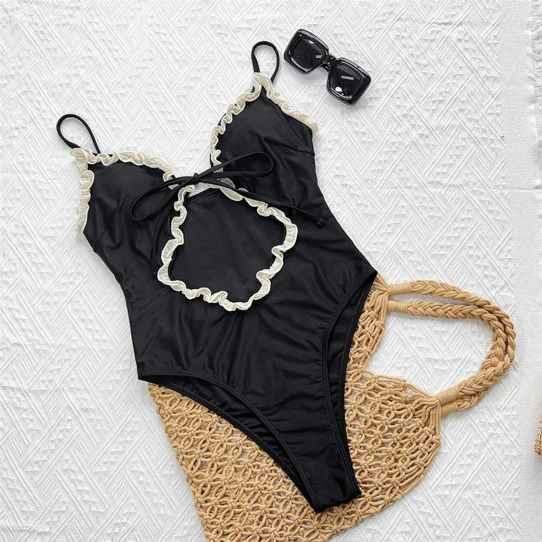 Damen Badeanzug Cut-Out Rüschen Leopard Monokini hoher Beinausschnitt gepolstert
