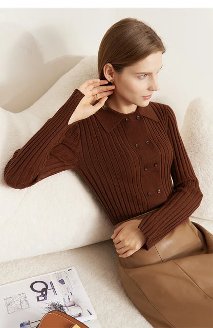 Damen-Strickjacke Polokragen Slim doppelreihig Wolle-Mix Frühling-Herbst
