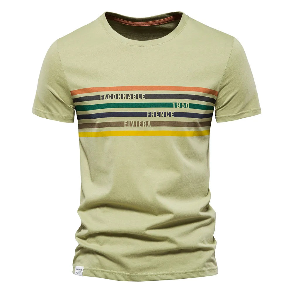 Herren T-Shirts aus Baumwolle mit gestreiftem O-Ausschnitt im Slim Fit