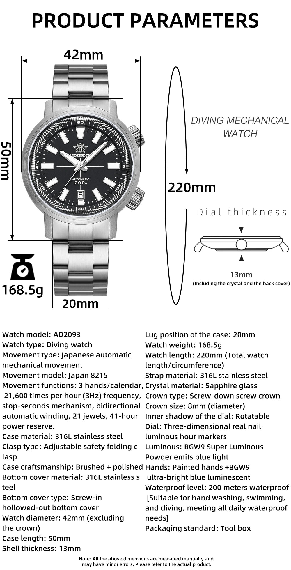ADDIESDIVE Watch For Men Sapphire Crystal BGW9 Super Luminous AD2093 Japanese 8215 200M Waterproof Automatic Mechanical Watches