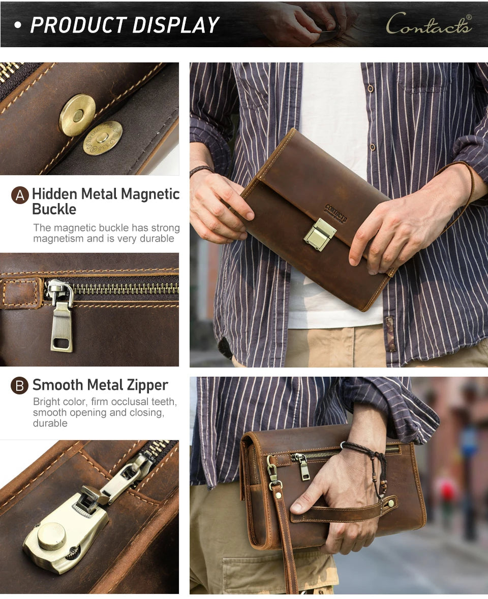 Braune Echtleder-Clutch mit Reißverschluss und Magnetverschluss, Handgelenkschlaufe