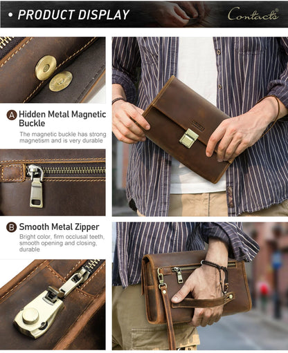 Braune Echtleder-Clutch mit Reißverschluss und Magnetverschluss, Handgelenkschlaufe
