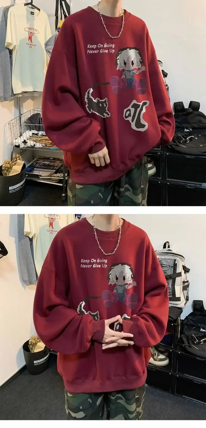 Japanischer Vintage-Pullover mit Fleece, Rundhalsausschnitt und Print – Lässiger Langarm-Hoodie für Herren im Winter.