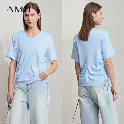 Damen T-Shirt mit solidem V-Ausschnitt und Kordelzug für den Sommer
