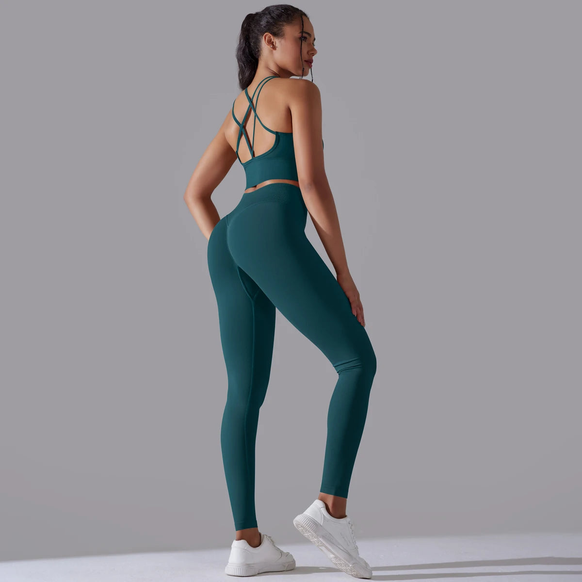 Hamidou nahtloses Yoga-Set, petrolblaues Top mit breitem Bündchen und Leggings