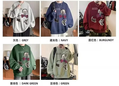 Japanischer Vintage-Pullover mit Fleece, Rundhalsausschnitt und Print – Lässiger Langarm-Hoodie für Herren im Winter.