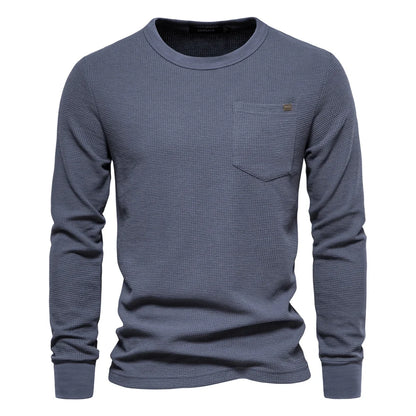 Herren-T-Shirt aus Waffel-Baumwolle mit langen Ärmeln – einfarbiges Einzeltaschen-Design, atmungsaktives Herbst-Basic-Oberteil für lässige Outfits