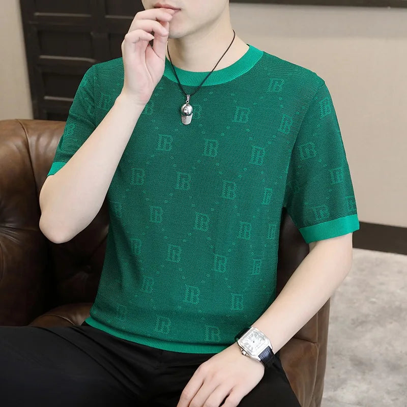 Herren Kurzarm T-Shirt aus Jacquard gestricktem Material im Retro-Stil für Sommer