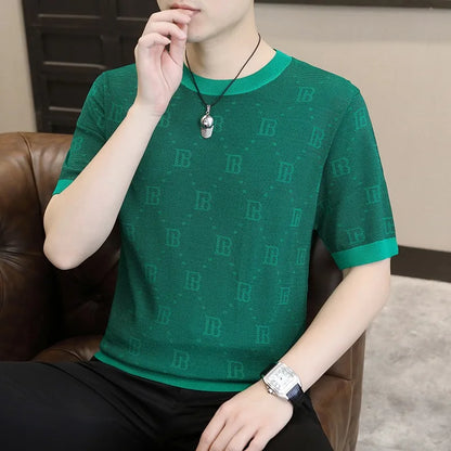 Herren Kurzarm T-Shirt aus Jacquard gestricktem Material im Retro-Stil für Sommer