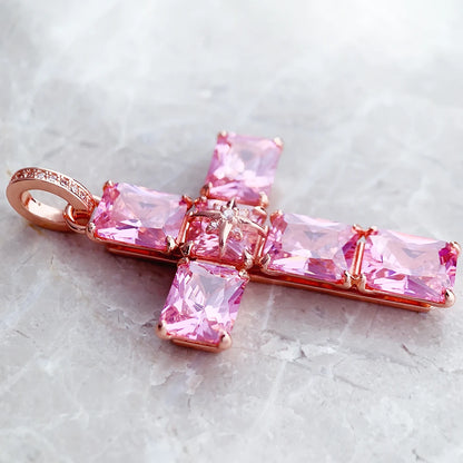 Damen-Anhänger Kreuz rosa Zirkonia trendiger Stil aus Sterlingsilber