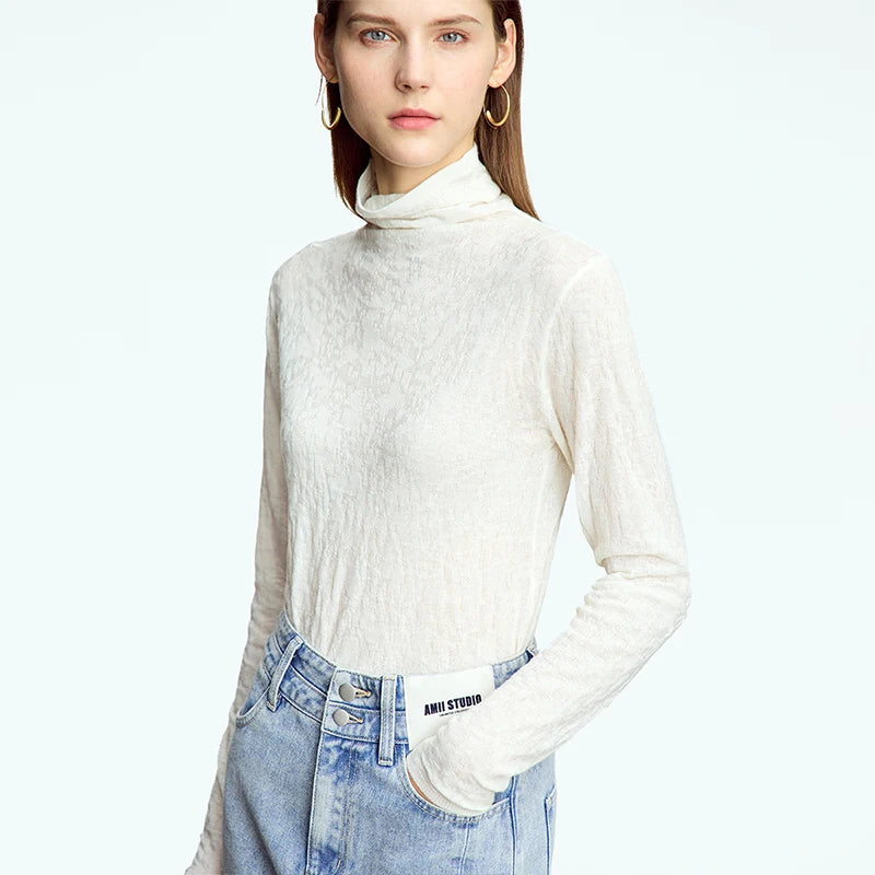 Damen-Rollkragenpullover Wolle-Mix schlank dünn Winter