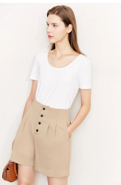 Damen T-Shirt aus mercerisierter Baumwolle mit V-Ausschnitt und Spitzen-Detail