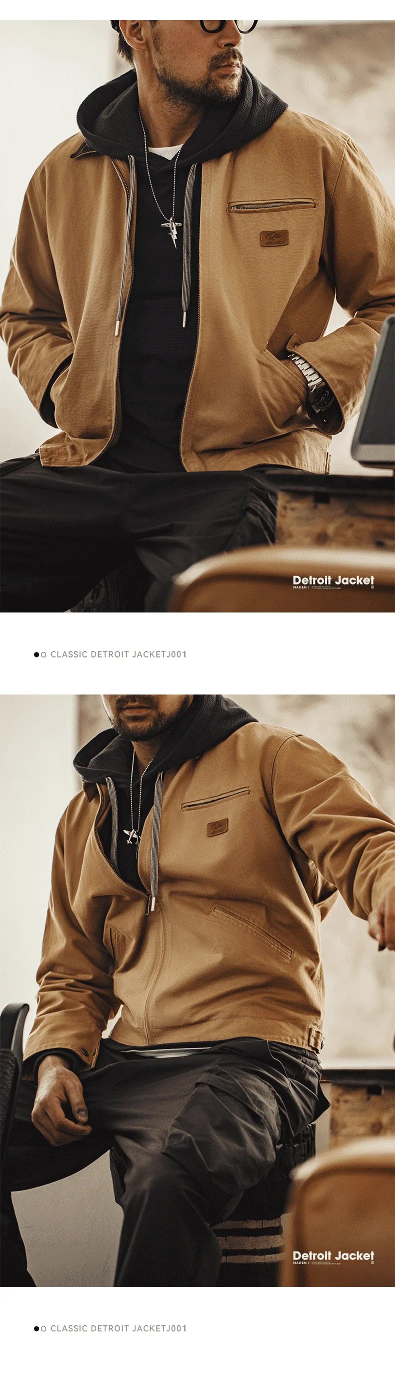 Herren Jacke Retro Canvas Detroit schwere Taschen Reverskragen Reißverschlussmantel
