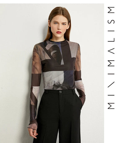 Damen Langarm-T-Shirt im Minimalismus-Stil mit trendigem Netzdruck