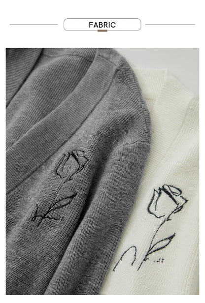 Damen-Strickjacke V-Ausschnitt Stickerei locker Langarm Herbst